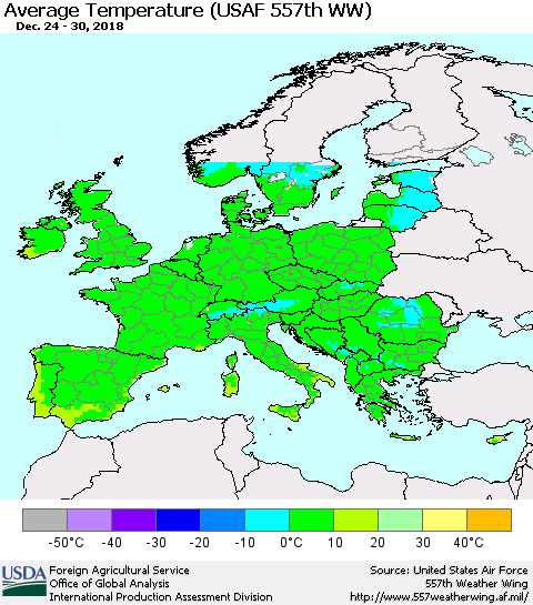 Europe Average Temperature (USAF 557th WW) Thematic Map For 12/24/2018 - 12/30/2018