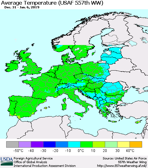 Europe Average Temperature (USAF 557th WW) Thematic Map For 12/31/2018 - 1/6/2019