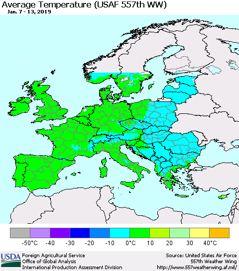 Europe Average Temperature (USAF 557th WW) Thematic Map For 1/7/2019 - 1/13/2019