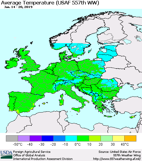 Europe Average Temperature (USAF 557th WW) Thematic Map For 1/14/2019 - 1/20/2019