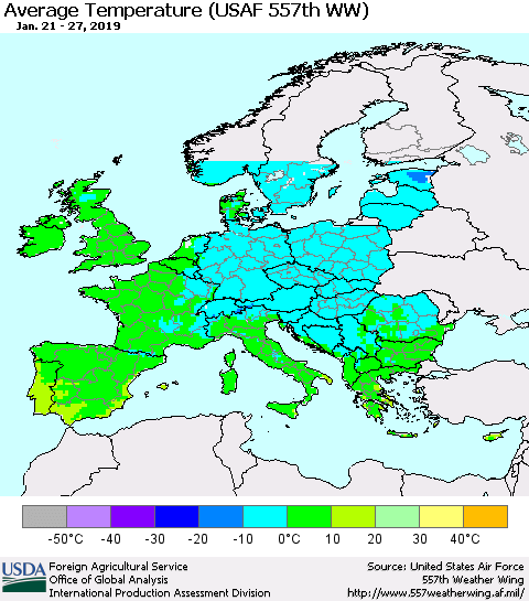 Europe Average Temperature (USAF 557th WW) Thematic Map For 1/21/2019 - 1/27/2019