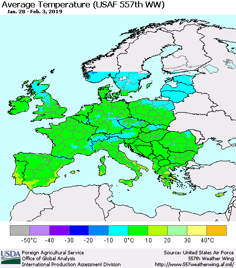 Europe Average Temperature (USAF 557th WW) Thematic Map For 1/28/2019 - 2/3/2019