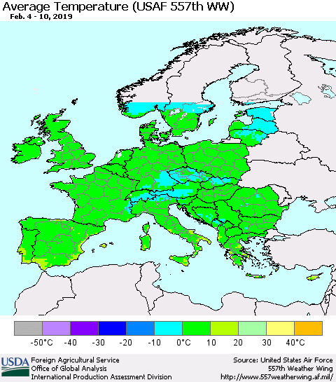 Europe Average Temperature (USAF 557th WW) Thematic Map For 2/4/2019 - 2/10/2019