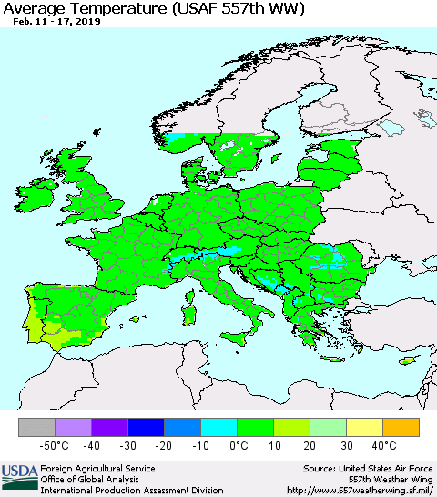 Europe Average Temperature (USAF 557th WW) Thematic Map For 2/11/2019 - 2/17/2019