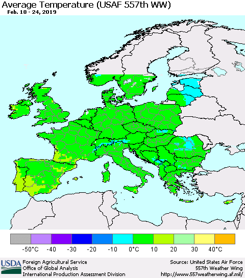 Europe Average Temperature (USAF 557th WW) Thematic Map For 2/18/2019 - 2/24/2019