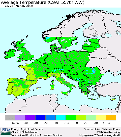 Europe Average Temperature (USAF 557th WW) Thematic Map For 2/25/2019 - 3/3/2019