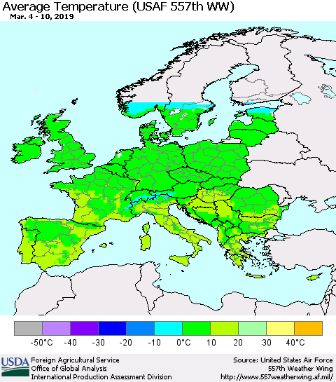 Europe Average Temperature (USAF 557th WW) Thematic Map For 3/4/2019 - 3/10/2019