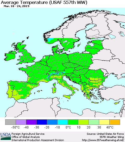 Europe Average Temperature (USAF 557th WW) Thematic Map For 3/18/2019 - 3/24/2019