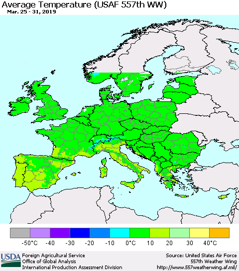 Europe Average Temperature (USAF 557th WW) Thematic Map For 3/25/2019 - 3/31/2019