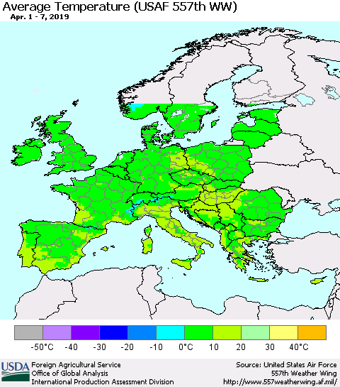 Europe Average Temperature (USAF 557th WW) Thematic Map For 4/1/2019 - 4/7/2019