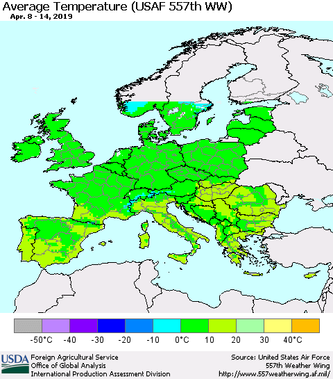 Europe Average Temperature (USAF 557th WW) Thematic Map For 4/8/2019 - 4/14/2019