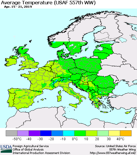 Europe Average Temperature (USAF 557th WW) Thematic Map For 4/15/2019 - 4/21/2019