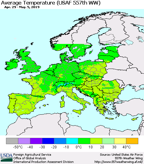 Europe Average Temperature (USAF 557th WW) Thematic Map For 4/29/2019 - 5/5/2019