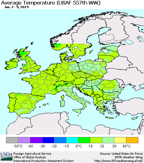 Europe Average Temperature (USAF 557th WW) Thematic Map For 6/3/2019 - 6/9/2019