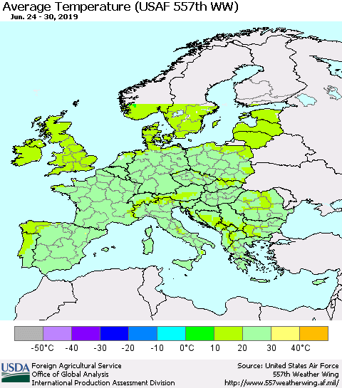 Europe Average Temperature (USAF 557th WW) Thematic Map For 6/24/2019 - 6/30/2019