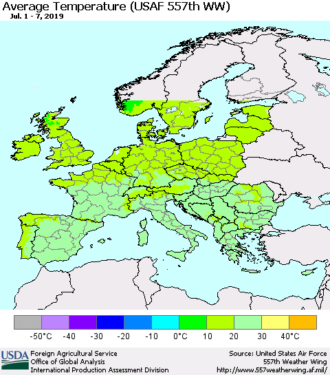 Europe Average Temperature (USAF 557th WW) Thematic Map For 7/1/2019 - 7/7/2019