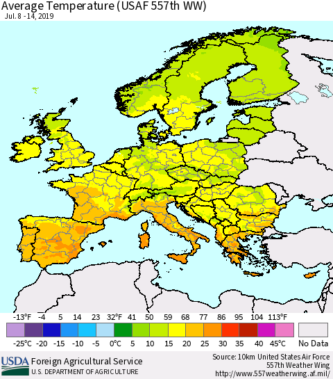 Europe Average Temperature (USAF 557th WW) Thematic Map For 7/8/2019 - 7/14/2019