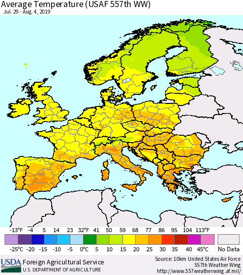 Europe Average Temperature (USAF 557th WW) Thematic Map For 7/29/2019 - 8/4/2019