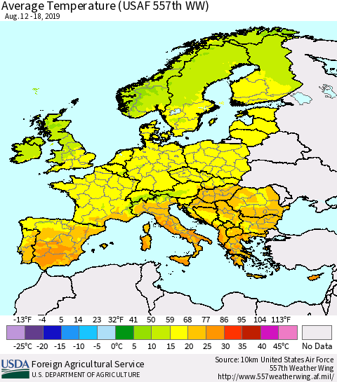 Europe Average Temperature (USAF 557th WW) Thematic Map For 8/12/2019 - 8/18/2019
