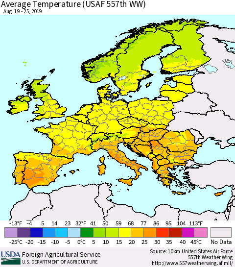 Europe Average Temperature (USAF 557th WW) Thematic Map For 8/19/2019 - 8/25/2019