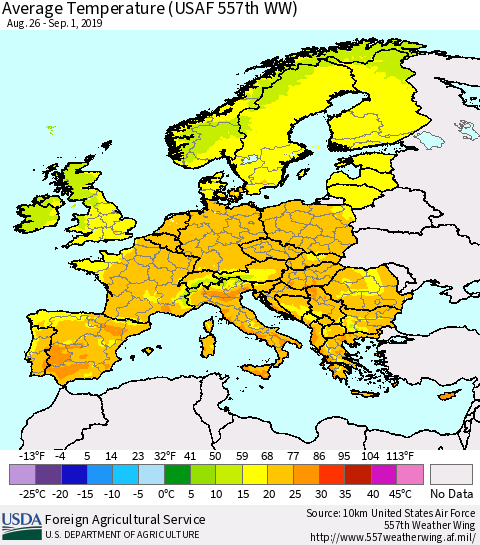 Europe Average Temperature (USAF 557th WW) Thematic Map For 8/26/2019 - 9/1/2019