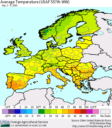 Europe Average Temperature (USAF 557th WW) Thematic Map For 9/2/2019 - 9/8/2019