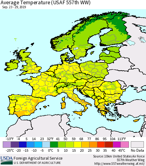 Europe Average Temperature (USAF 557th WW) Thematic Map For 9/23/2019 - 9/29/2019