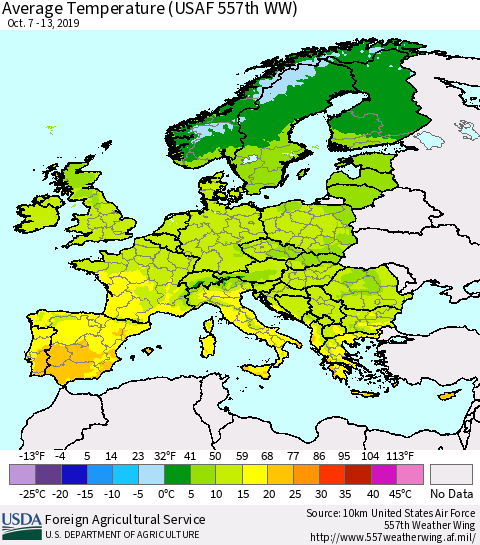 Europe Average Temperature (USAF 557th WW) Thematic Map For 10/7/2019 - 10/13/2019