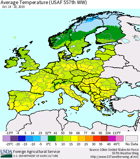 Europe Average Temperature (USAF 557th WW) Thematic Map For 10/14/2019 - 10/20/2019