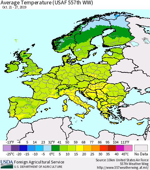 Europe Average Temperature (USAF 557th WW) Thematic Map For 10/21/2019 - 10/27/2019