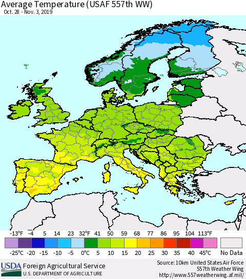 Europe Average Temperature (USAF 557th WW) Thematic Map For 10/28/2019 - 11/3/2019
