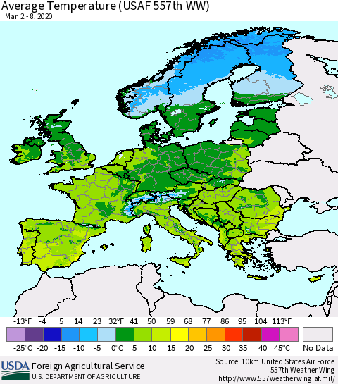 Europe Average Temperature (USAF 557th WW) Thematic Map For 3/2/2020 - 3/8/2020