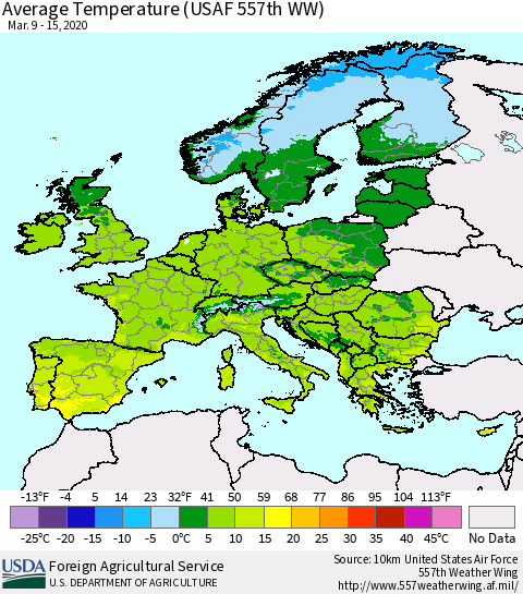 Europe Average Temperature (USAF 557th WW) Thematic Map For 3/9/2020 - 3/15/2020