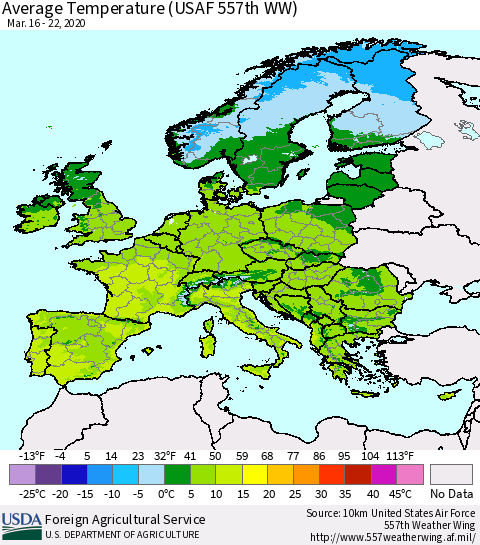 Europe Average Temperature (USAF 557th WW) Thematic Map For 3/16/2020 - 3/22/2020