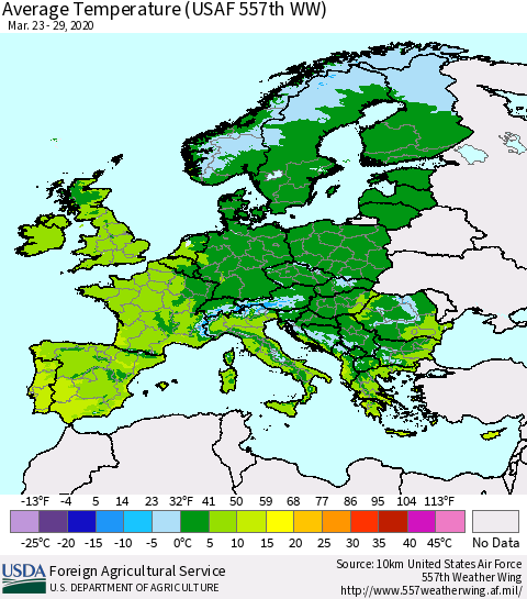 Europe Average Temperature (USAF 557th WW) Thematic Map For 3/23/2020 - 3/29/2020