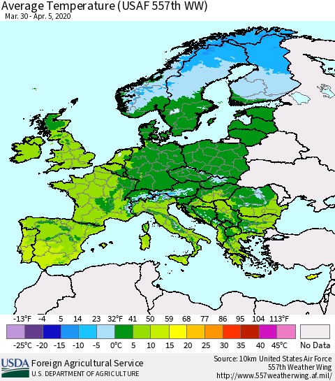 Europe Average Temperature (USAF 557th WW) Thematic Map For 3/30/2020 - 4/5/2020
