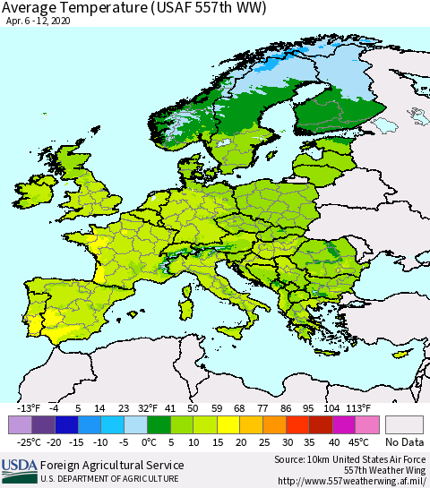 Europe Average Temperature (USAF 557th WW) Thematic Map For 4/6/2020 - 4/12/2020