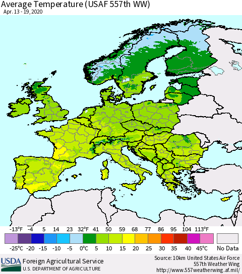 Europe Average Temperature (USAF 557th WW) Thematic Map For 4/13/2020 - 4/19/2020