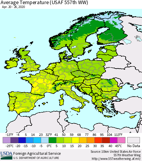 Europe Average Temperature (USAF 557th WW) Thematic Map For 4/20/2020 - 4/26/2020