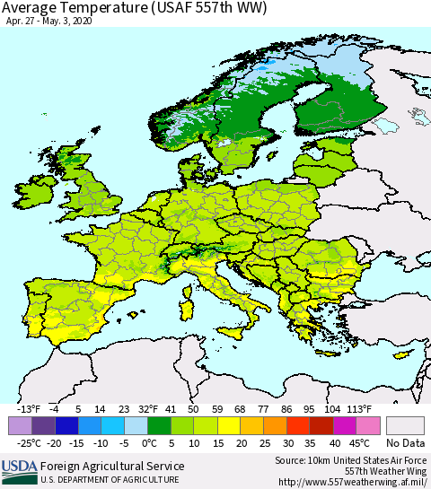 Europe Average Temperature (USAF 557th WW) Thematic Map For 4/27/2020 - 5/3/2020