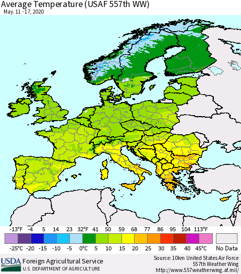 Europe Average Temperature (USAF 557th WW) Thematic Map For 5/11/2020 - 5/17/2020