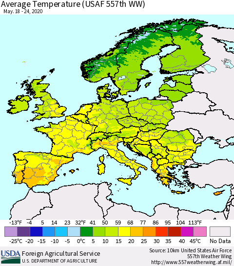 Europe Average Temperature (USAF 557th WW) Thematic Map For 5/18/2020 - 5/24/2020