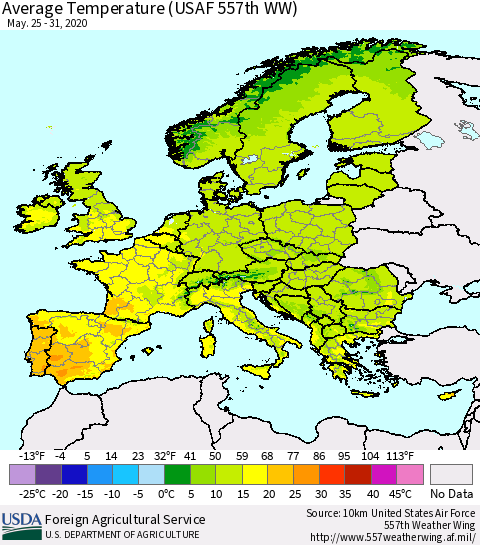 Europe Average Temperature (USAF 557th WW) Thematic Map For 5/25/2020 - 5/31/2020