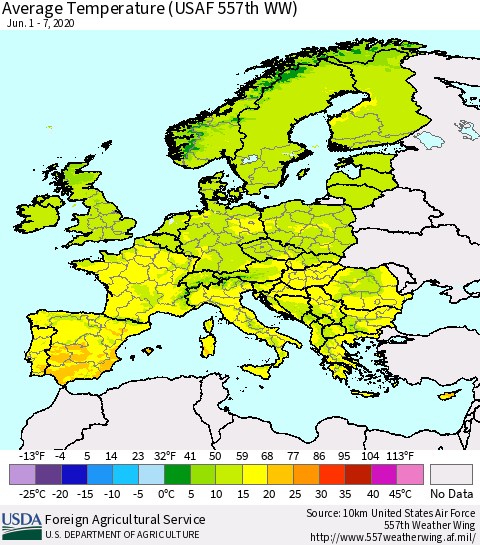 Europe Average Temperature (USAF 557th WW) Thematic Map For 6/1/2020 - 6/7/2020
