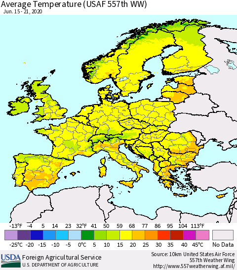Europe Average Temperature (USAF 557th WW) Thematic Map For 6/15/2020 - 6/21/2020
