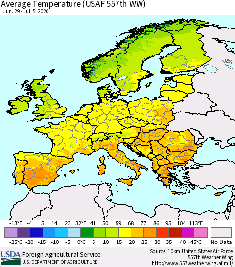 Europe Average Temperature (USAF 557th WW) Thematic Map For 6/29/2020 - 7/5/2020