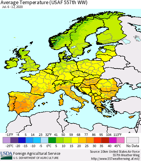 Europe Average Temperature (USAF 557th WW) Thematic Map For 7/6/2020 - 7/12/2020