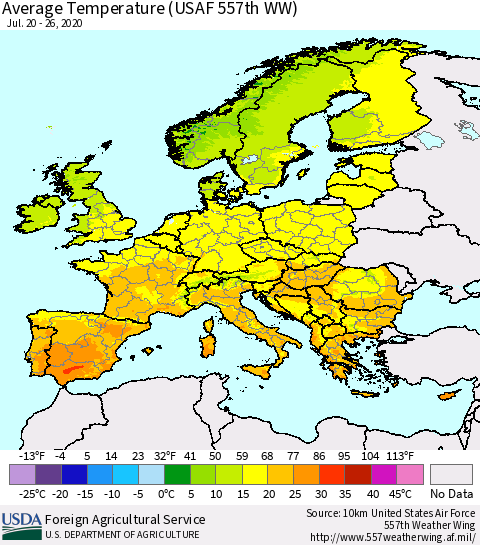 Europe Average Temperature (USAF 557th WW) Thematic Map For 7/20/2020 - 7/26/2020