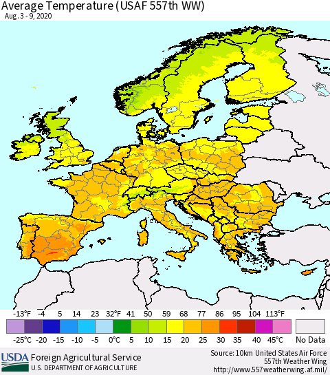 Europe Average Temperature (USAF 557th WW) Thematic Map For 8/3/2020 - 8/9/2020