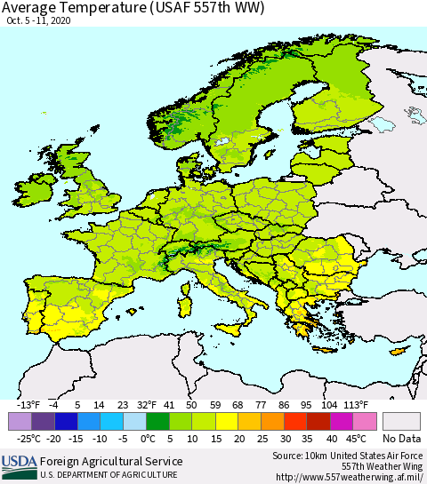 Europe Average Temperature (USAF 557th WW) Thematic Map For 10/5/2020 - 10/11/2020